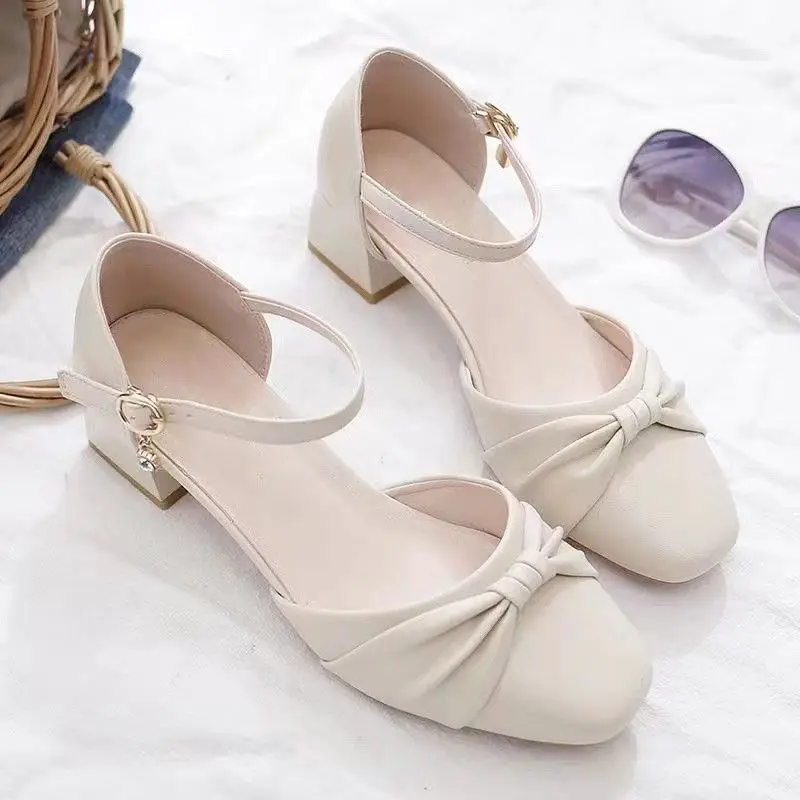 2024 Baotou Sandals Women's Summer Thick Heels New Middle Heel Single Shoes Square Head Versatile Matching Skirt Sandals