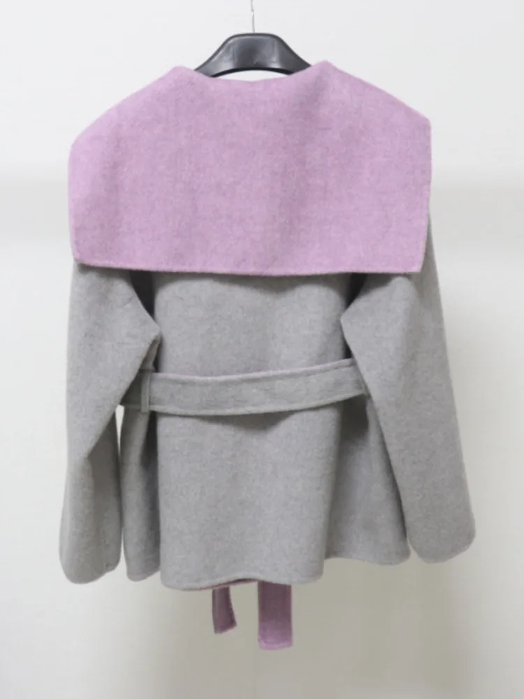 ZMEENNA エレガントな女性のベージュウールブレンドショートコートデザインスタイリッシュで暖かいアウタージャケットとタイベルト ZM3871