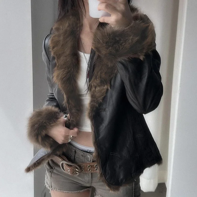 

2024 Autumn and Winter Maillard Fur Collar Leather Jacket American Street Hottie Style Loose Cardigan Top