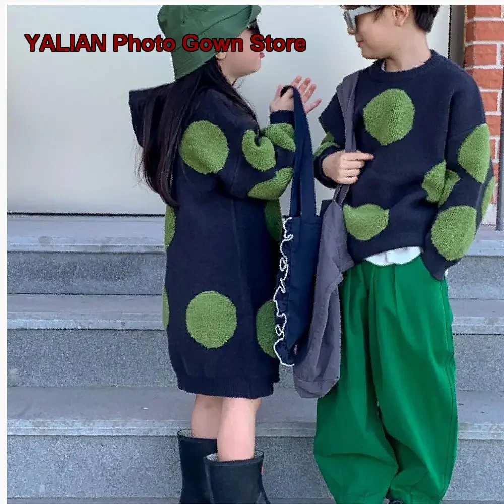 Sibling Kids Spring Long Dress Hooded Polka Dot Knit Top Boys Girls Stylish Outwear