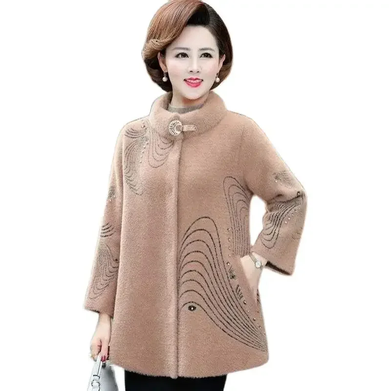 Winter Mother Faux Mink Fleece Jacket 2024 Fall/Winter Fashion Loose Stand Collar Wool Coat Plus Size Loose Warm Women\'s Outwear