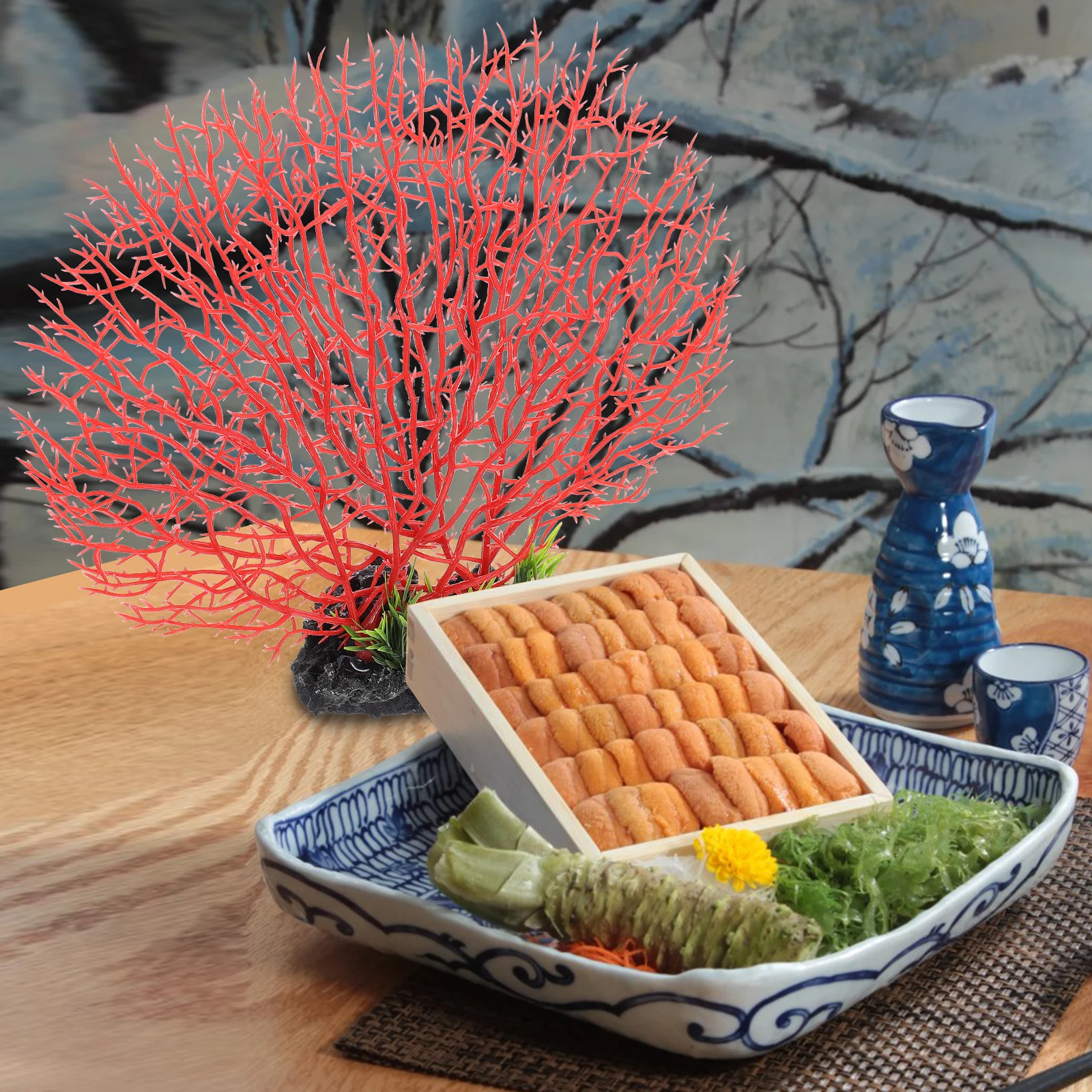 

1pc Simulated Coral Dish Decoration Red Small Double Layer Sushi Plates Japanese Platter Restaurant Faux Plants Indoor Cold Dish