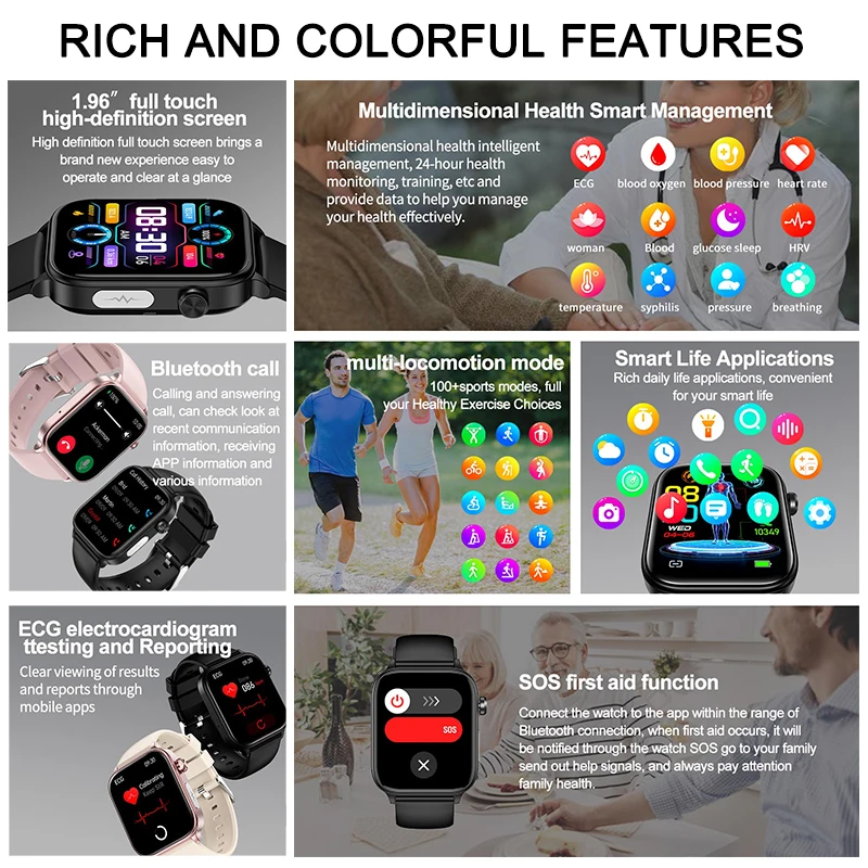 2024 New Blood Sugar Blood Lipid Health Smart Watch Men Women Uric Acid ECG+PPG Body Blood Composition Bluetooth Call Smartwatch