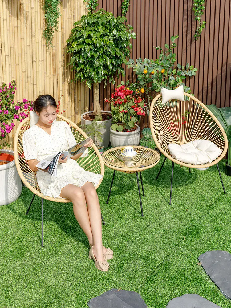 & Outdoor Balcony 3-Piece Table & Chair Set, Nordic Rattan Leisure Chair, 1 Table 2 Chairs Patio Furniture Set for Garden &Readi