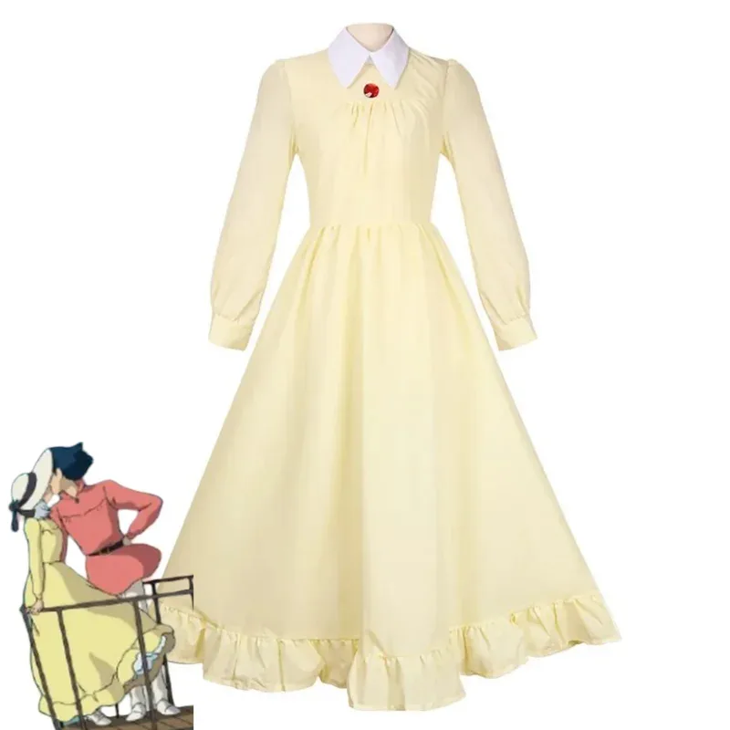 アニメ映画ハウルの動く城 ソフィー コスプレ衣装 青と黄色の緑のメイド服 エプロン ウィッグ 女性 可愛い ハロウィン カーニバル スーツ