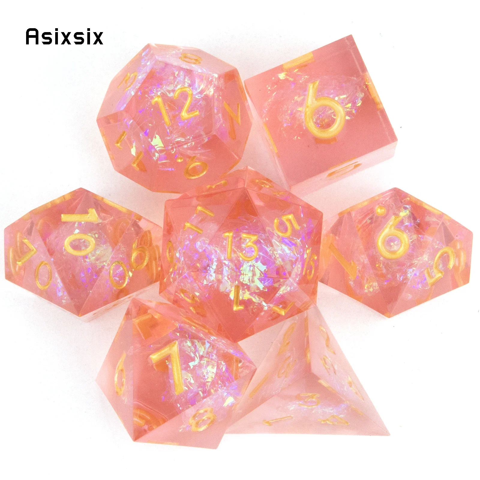

7 Pcs Pink Resin Golden Number Sharp Edge Dice Polyhedral Dice Suitable for Role-Playing RPG Board Game