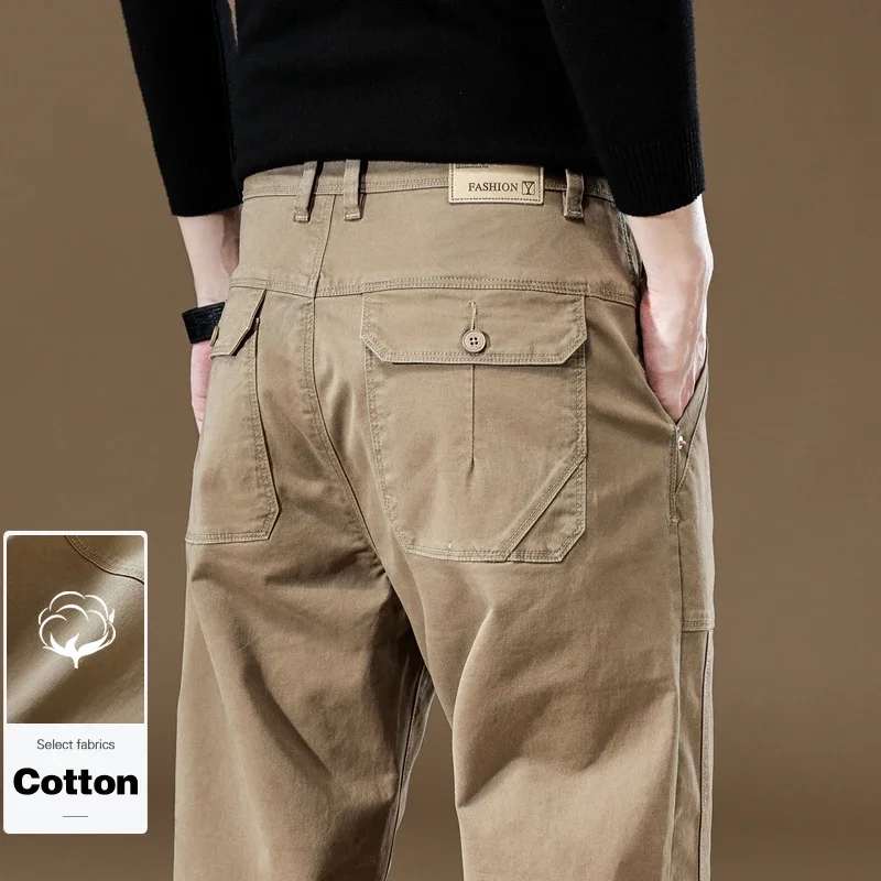 

Классические свободные хлопковые повседневные брюки цвета хаки, мужские осенние высококачественные брюки-карго с большими карманами, брендовая одежда
