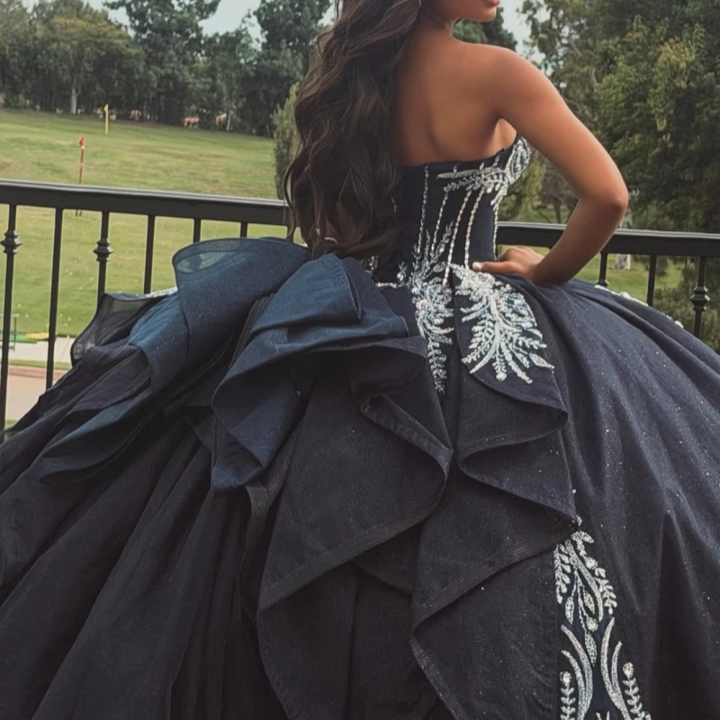 Navy Blue Glitter Quinceanera Dresses Off Shoulder Ball Gown Sweet 16 Dress Sequin Applique Beading Bow Tull Party Birthday Veti