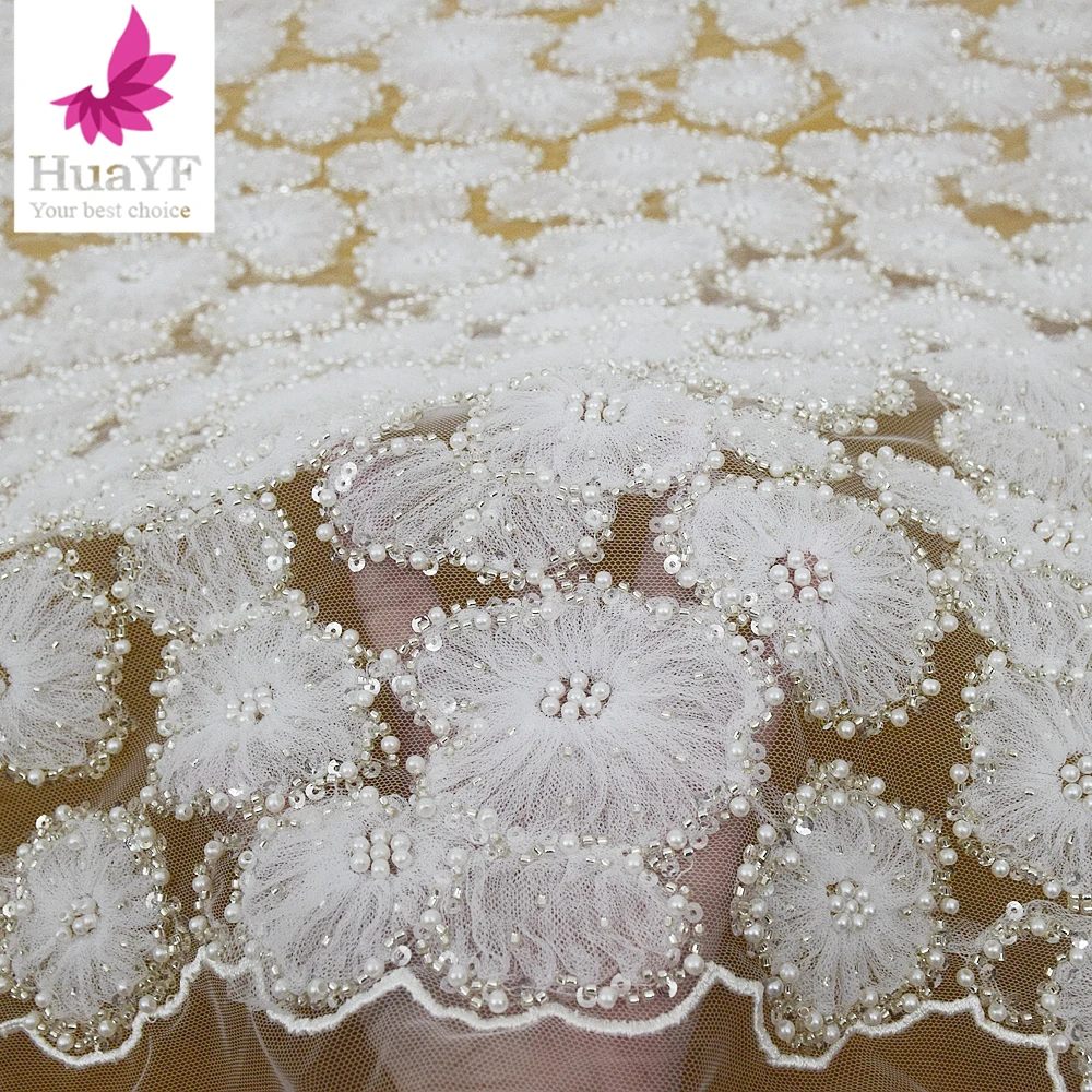 Hot Sales 3D Embroidery Coiling Lace With Beads  Pearls and Sequins Wedding Dress Fabric For 5 Yards HY2480