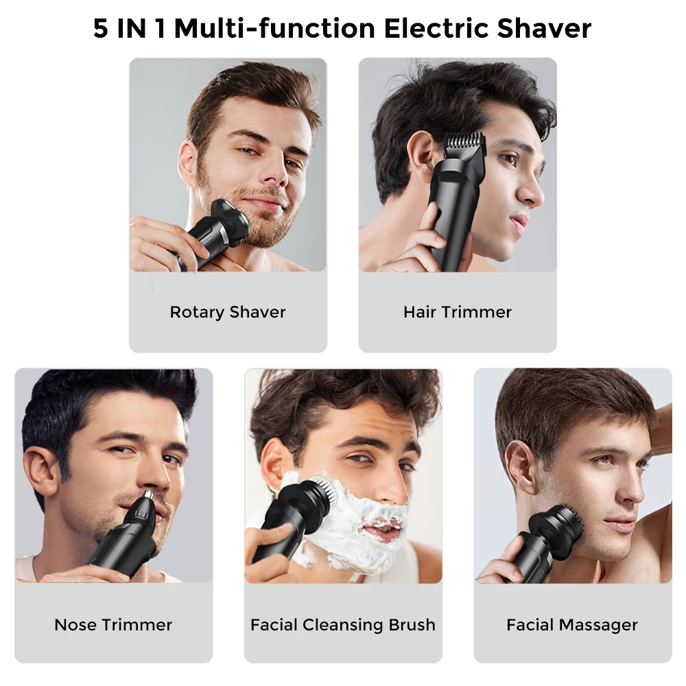 Sejoy 5 in 1 Professional Electric Hair Clipper Machine for Men Rechargeable Cordless Rotary Shavers Ear Nose Hair Trimmer Black