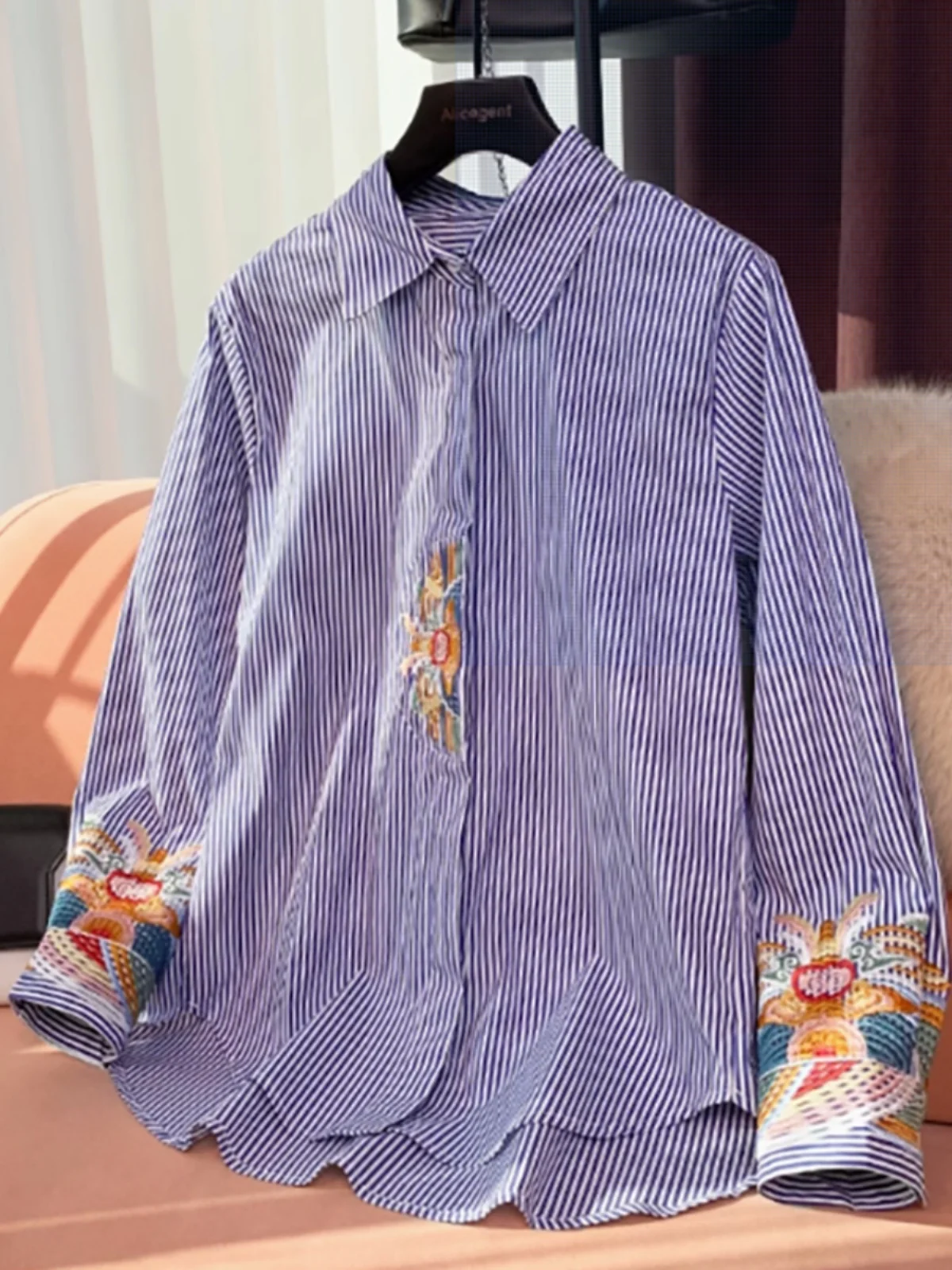 جديد الصينية Sle المطرزة مخطط irt المرأة طويلة Sve Faionable أعلى الطبقات ارتداء ربيع الخريف الراقية يشعر