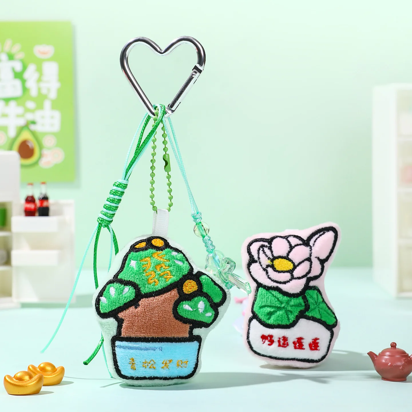 Cute Rich Flowers Wish You Wealth Keychain Green Pine Fortune Tree Fluffy Keyring Good Luck Lotus Gauze Bow Bead Lanyard Keyfob