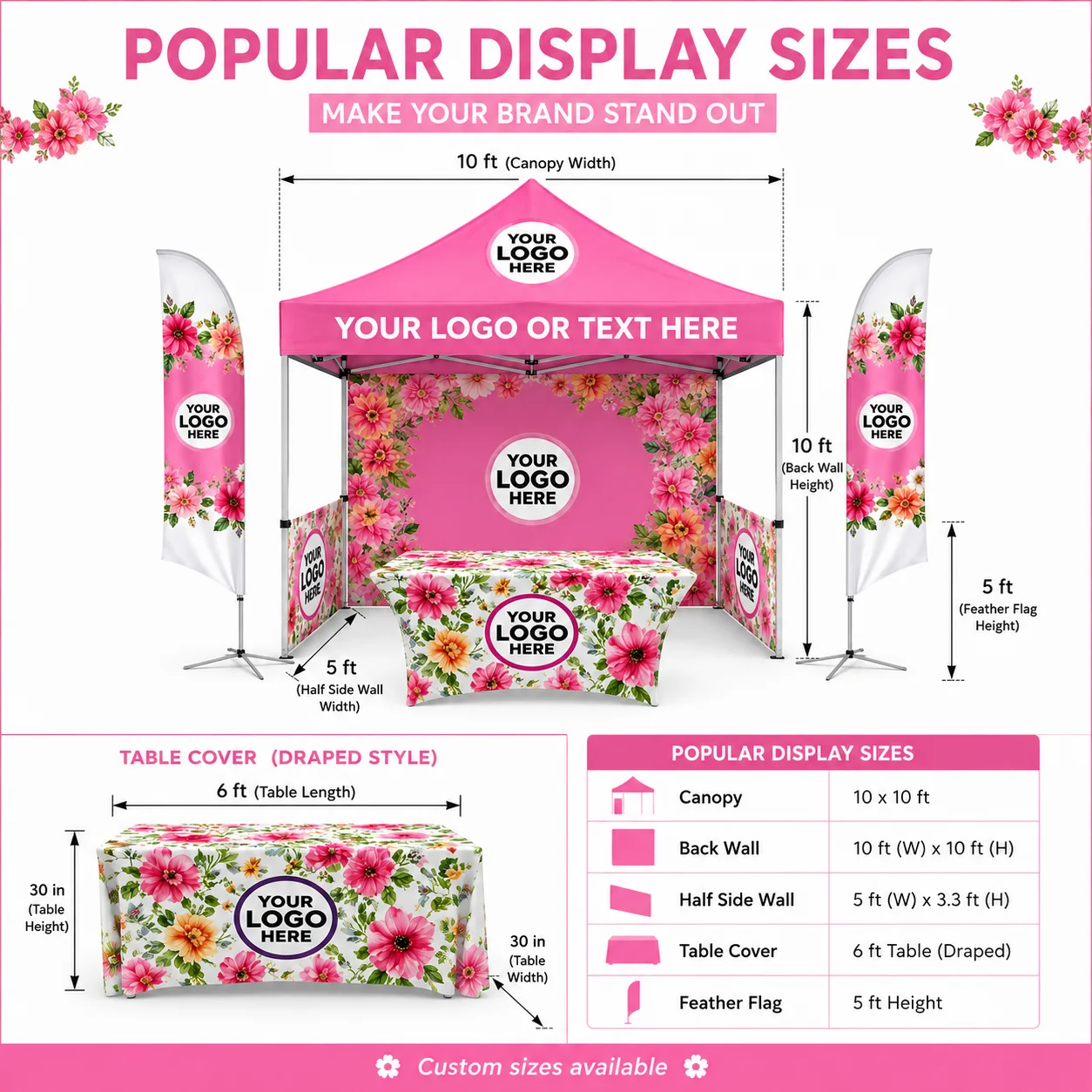 Custom Printed Canopy Tent Fabric Cover Logo Vendor Booth Banner Back Wall Table Cover Pop Up Market Display Frame Not Included