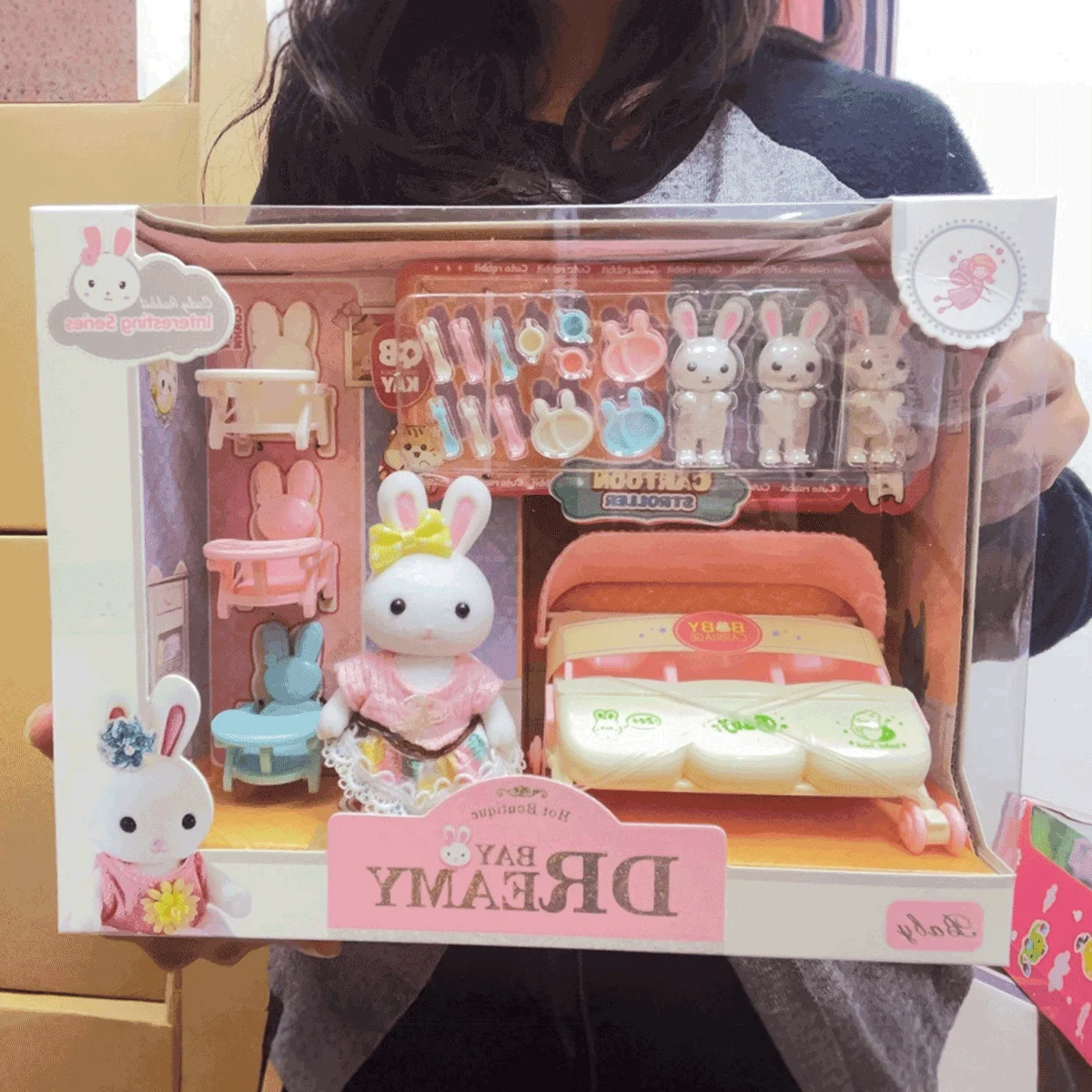 Poppenhuismeubilair Kinderwagen Mini poppenhuis Meubelaccessoires Set Miniatuur Konijn Familiemeubilair Speelhuis Speelgoed