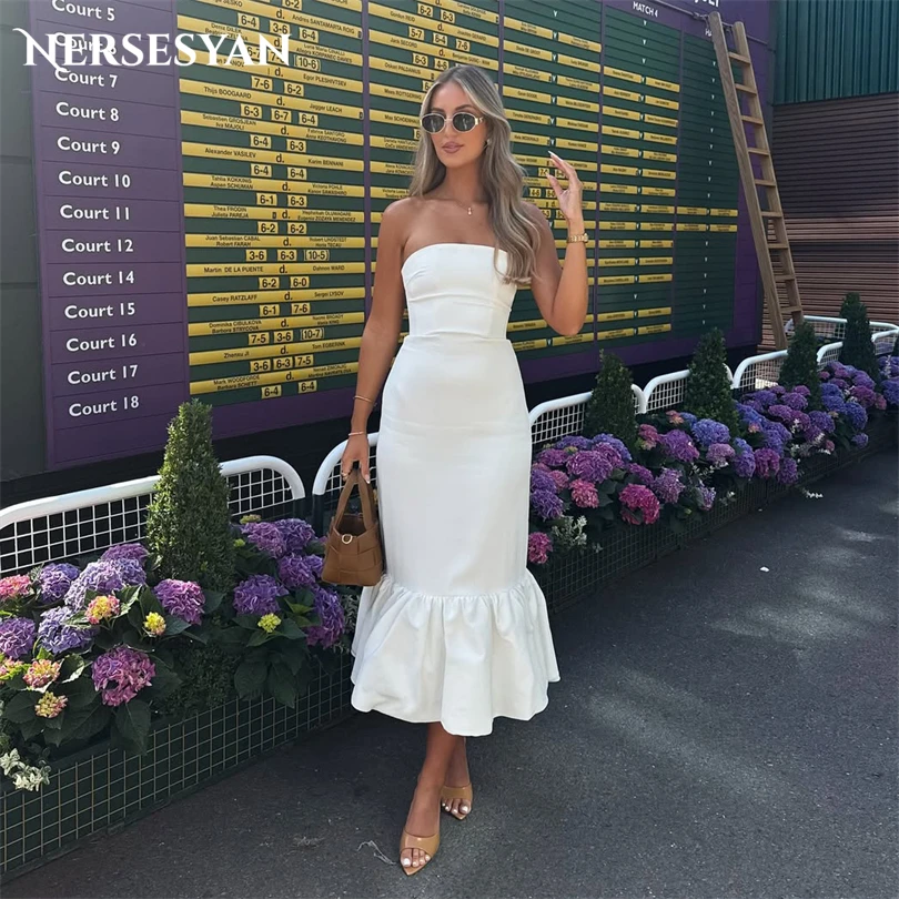 

Nersesyan Luxury Mermaid Evening Dresses Off Shoulder Satin Puffy Fomal Dress Tea Length Wedding Guest Party Gowns Customized