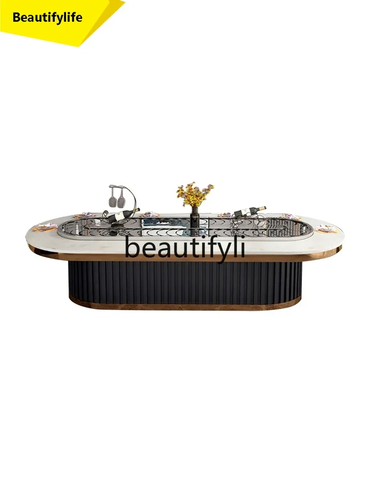 

smt1 Electric rotating dining table and chairs oval rectangular rock slab dining table with hot pot turntable restaurant AA
