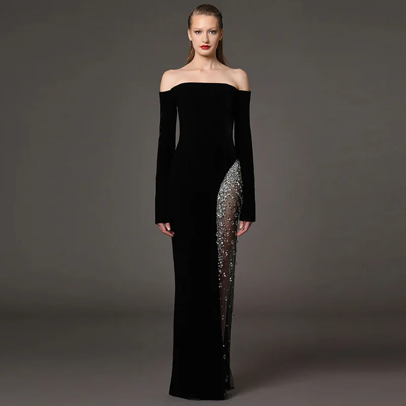 

JDY Custom Women's Black Off - Shoulder Long Sleeve Maxi Dress with Rhinestone Embellished Side Slit - Elegant Evening Party Gow