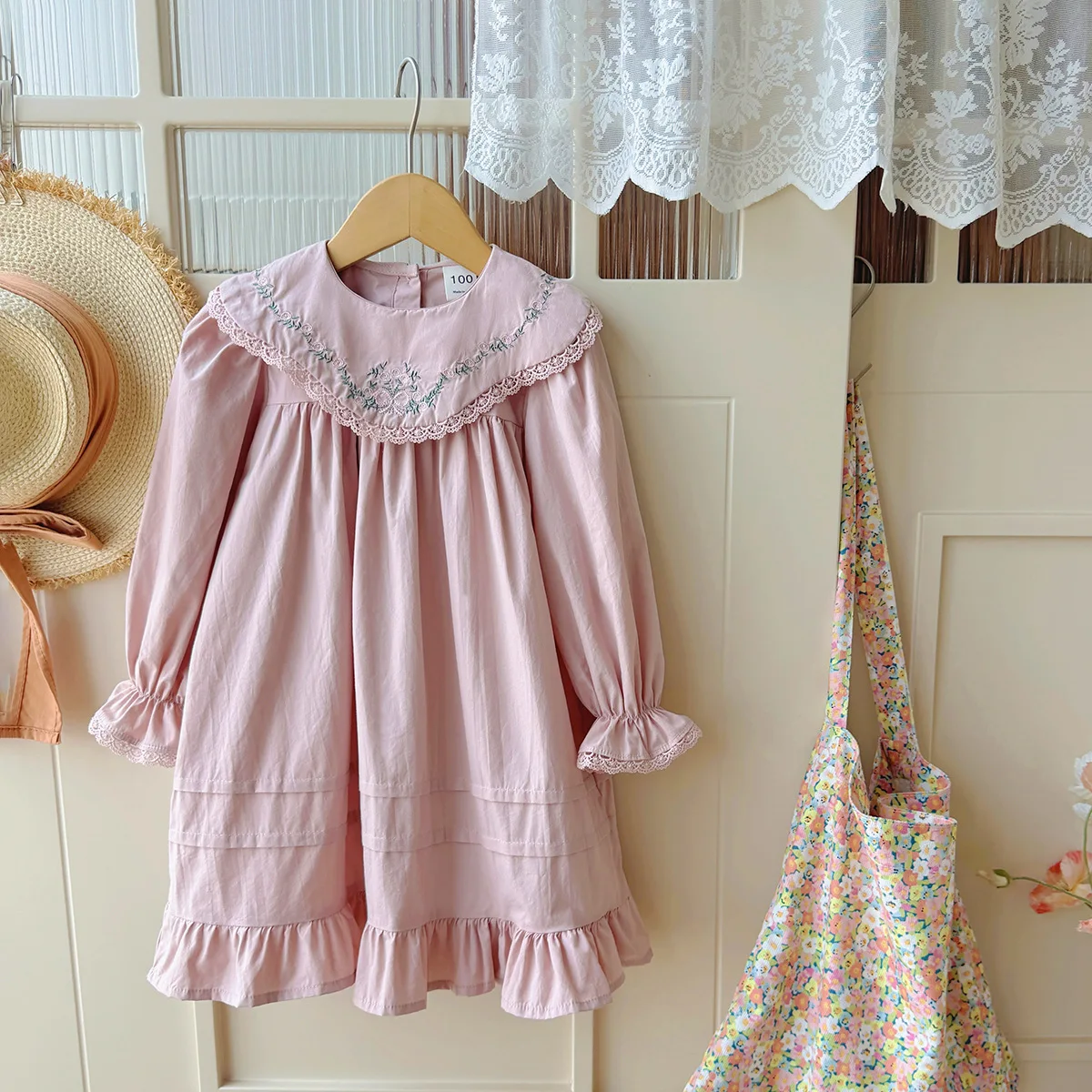 Girls French Style Vintage Floral Embroidery Dress Long‑Sleeve Sweet Pink Kids Outer Dress Autumn Elegant Children Dress