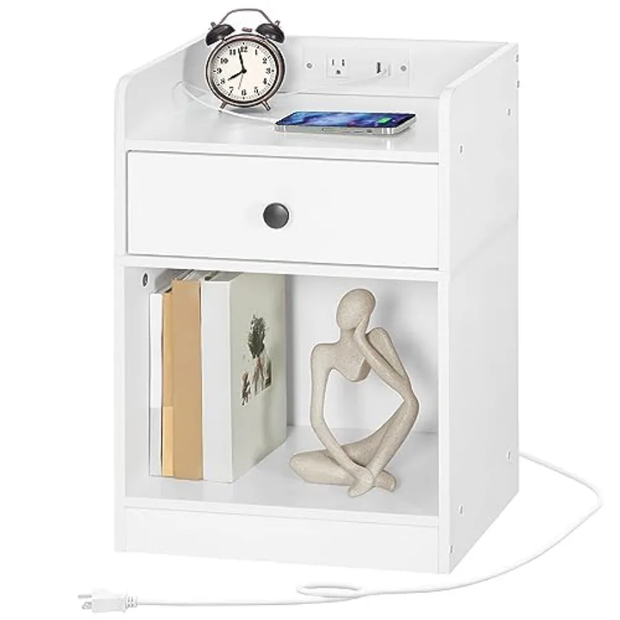 

Nightstand with Charging Station End Table with Drawer and Opening Shelf Bedside Table with USB Ports and Outlets Small Night S