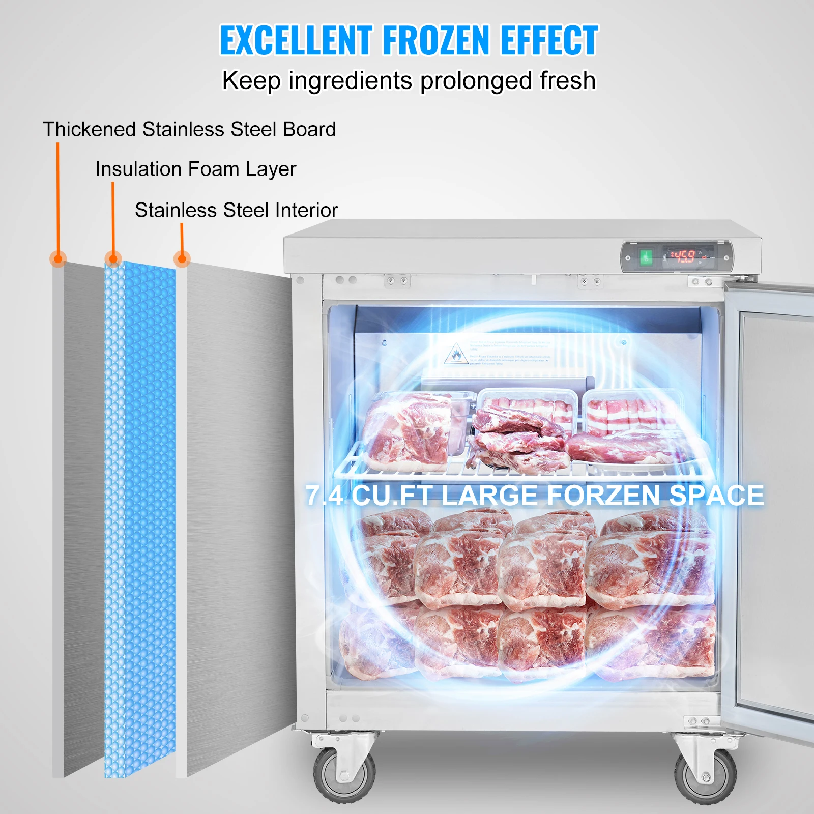 VEVOR 상업용 냉동 냉장고, 샌드위치 샐러드 준비 테이블, 7.4Cu.Ft 식품 준비, 레스토랑 바용 프로스트 프리 냉장고, 28 인치