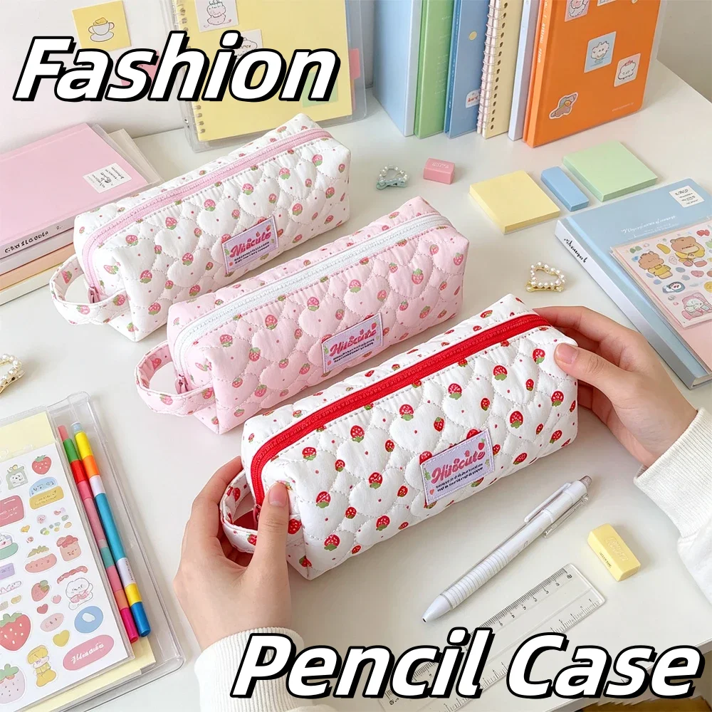 1pc New Cartoon Strawberry Quilted Cotton Pencil Case Student Stationery Large Capacity Desktop Storage Pen Bag School Supplies