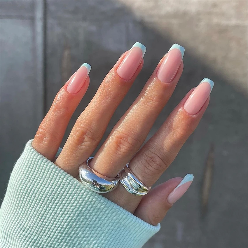 24Ps/Set Pink Edge French Fake Nails Art Full Cover Artificial Press on Acrylic Nails Ballerina Full Cover Coffin Stick on Nails
