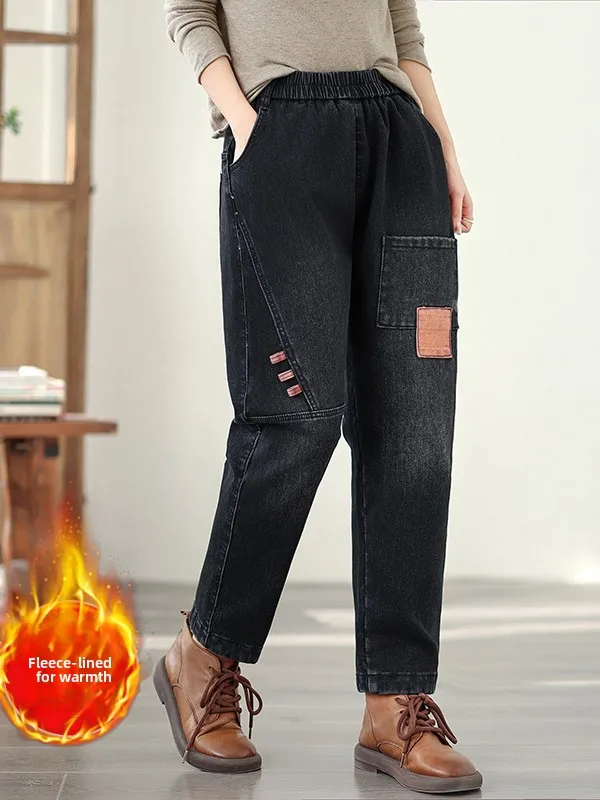 

Thiened Fce Lined Loose Fit Denim Jeans Women Casual Faion Artistic Print High Waist Cotton Trousers Winter 2025