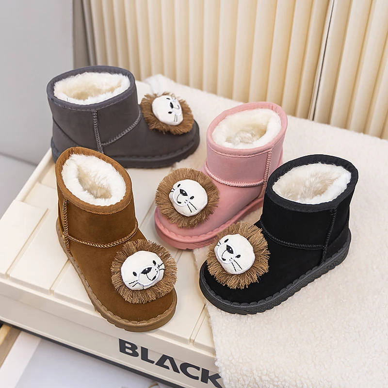 

Модные детские зимние ботильоны, пушистые волосатые плюшевые ботинки со львом для мальчиков и девочек, милые повседневные детские милые термосапоги