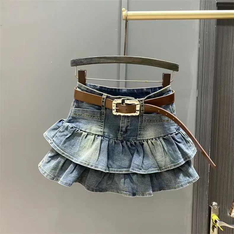 Girls Dress 2026 Summer New Denim Short Skirt Korean Version Flanged Cake Skirt Elastic Elastic Waist A-line Skirt Fashion 3-14Y