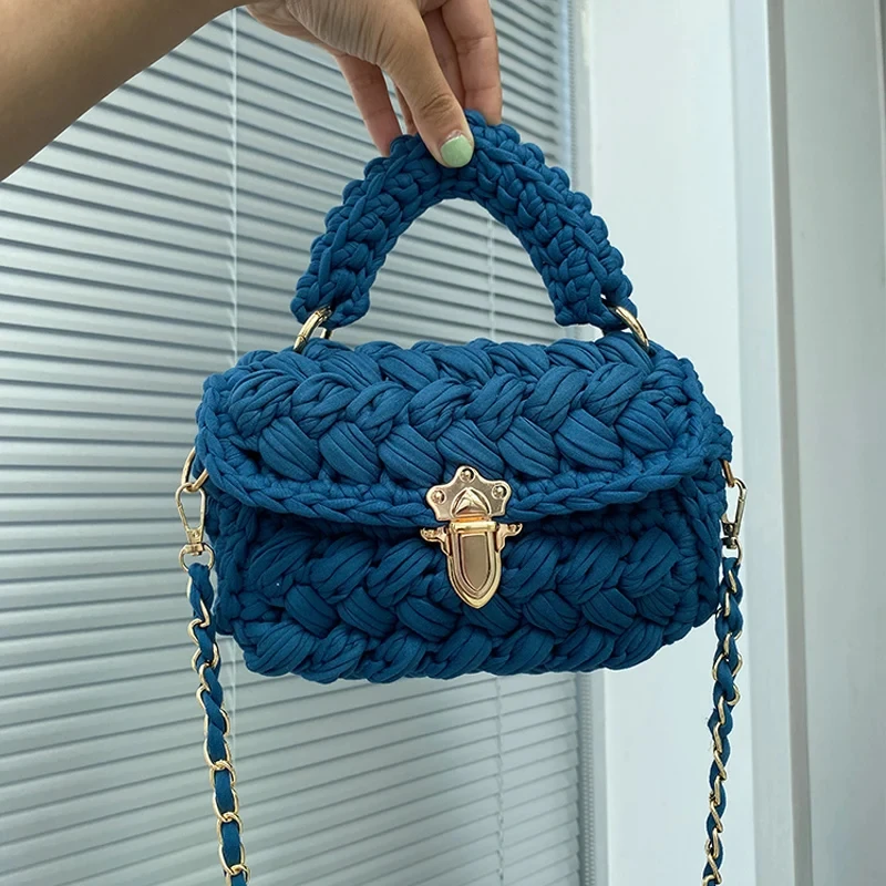 JIOMAY Knitting Bags for Women 2024 Woolen Yarn Handmade Woven Handbags with Chain Ladies Fashion Solid Color Square Crochet Bag