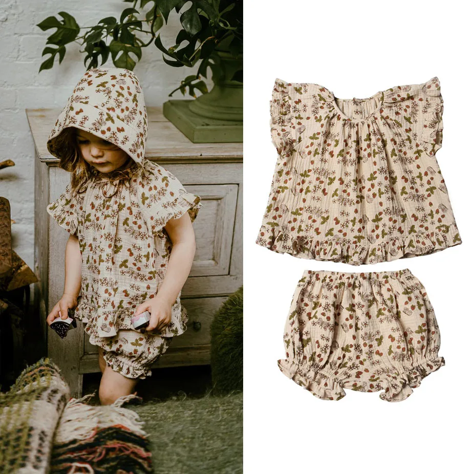 Organic Cotton Baby Girl Summer Clothes 2Pcs Floral Kids Dresses + Shorts Newborn Baby Girl Outfit