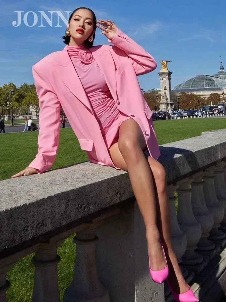 

JONN Pink Dress for Women Chic Elegant Flowers Design Short Sleeves Draped Mini Dress Summer Casual Fashion Streetwear