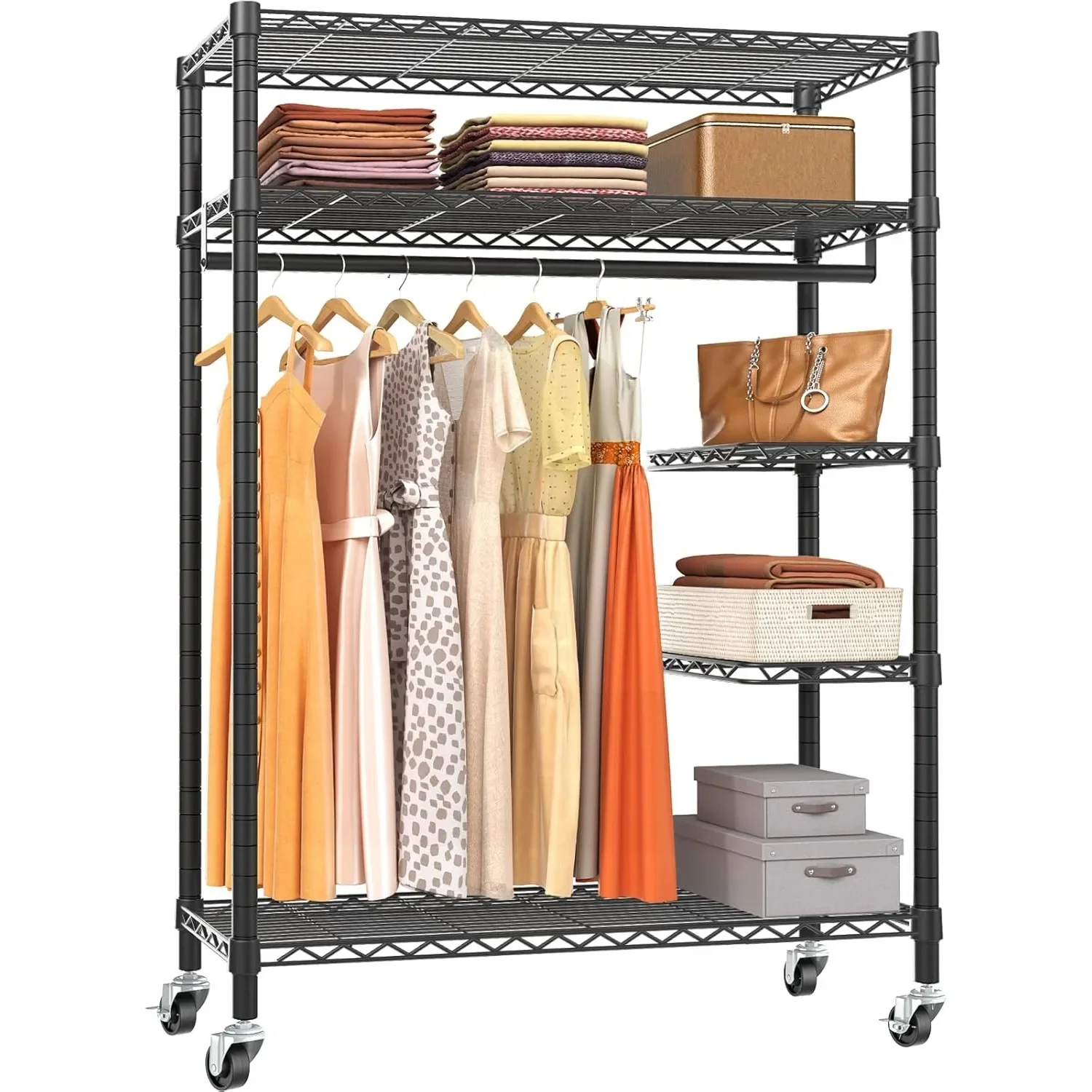 

Heavy Duty Clothes Racks Wire Clothing Rack With Wheels, Rolling Garment Rack for Hanging Clothes, Max Load 452lbs, Black