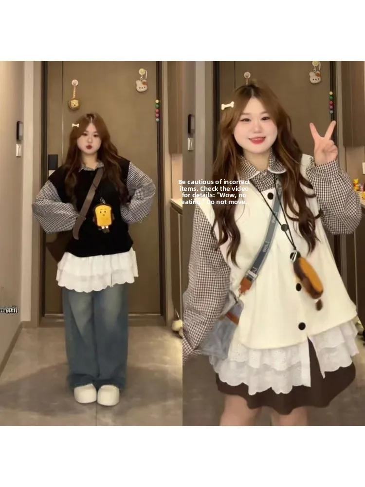 

Осенне-зимний комплект из двух предметов: рубашка с клетчатым узором и кружевной отделкой на плечах, жилет, топ большого размера, антивозрастной эффект, стандартный крой, длинный рукав, застежка на пуговицы