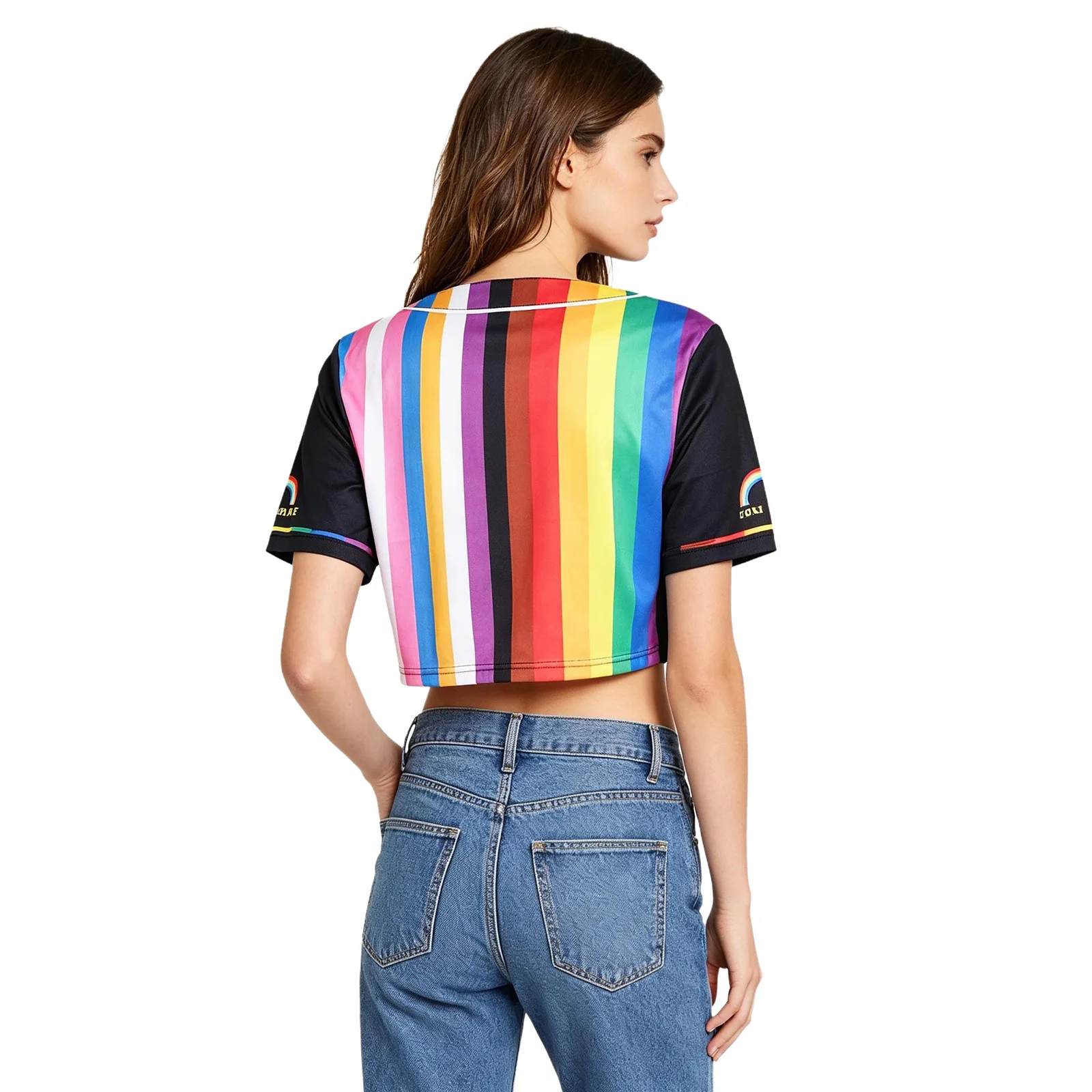 Womens Baseball Jersey Crop Tops V-neck Short Sleeve Buttons Letters Printed Striped T-Shirts Top for Cheerleading Ball Games