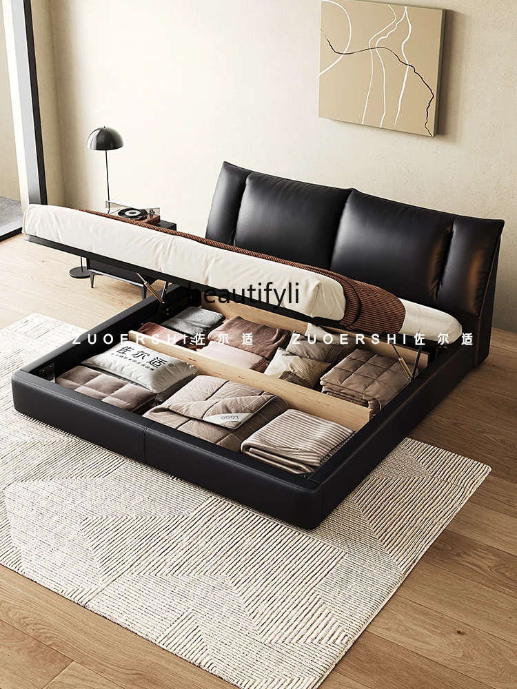 Retro Black Bed Modern Minimalist Master Bedroom Marriage Bed Storage Italian Minimalist Sailing Leather Bed