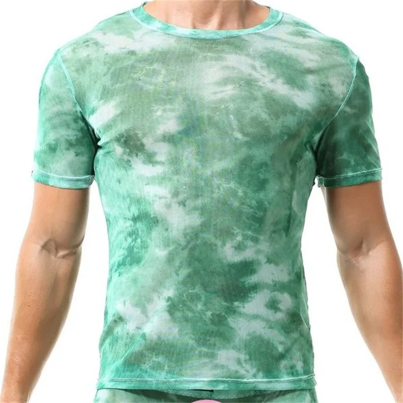 Men Undershirts Summer Breathable Mesh Printed Jumpsuit with High Elasticity Sexy Underwear Singlet Men Tops