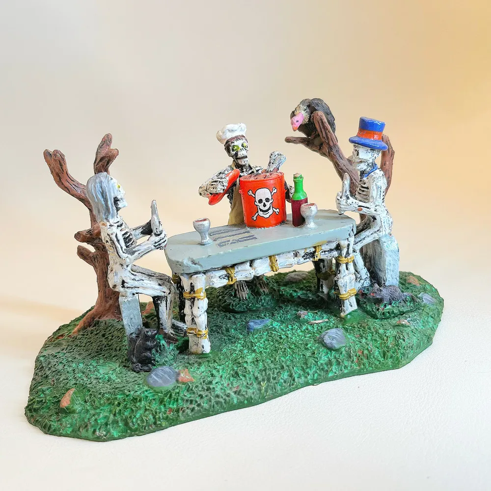 Halloween Skeleton Feast Resin Figurine Spooky Village Scene Home Decoration Collectible