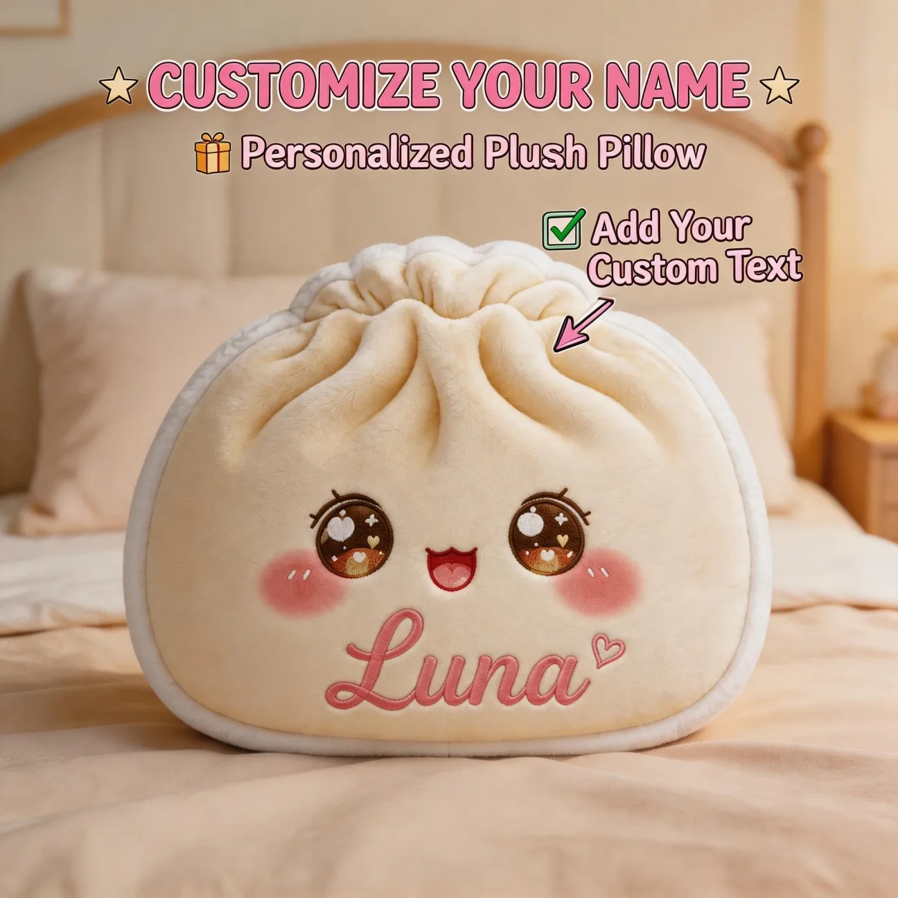 Custom Photo Shaped Pillow, Cute Dumpling Face Personalized Decorative Cushion with Name, Unique Home Accent for Sofa Funny Gift