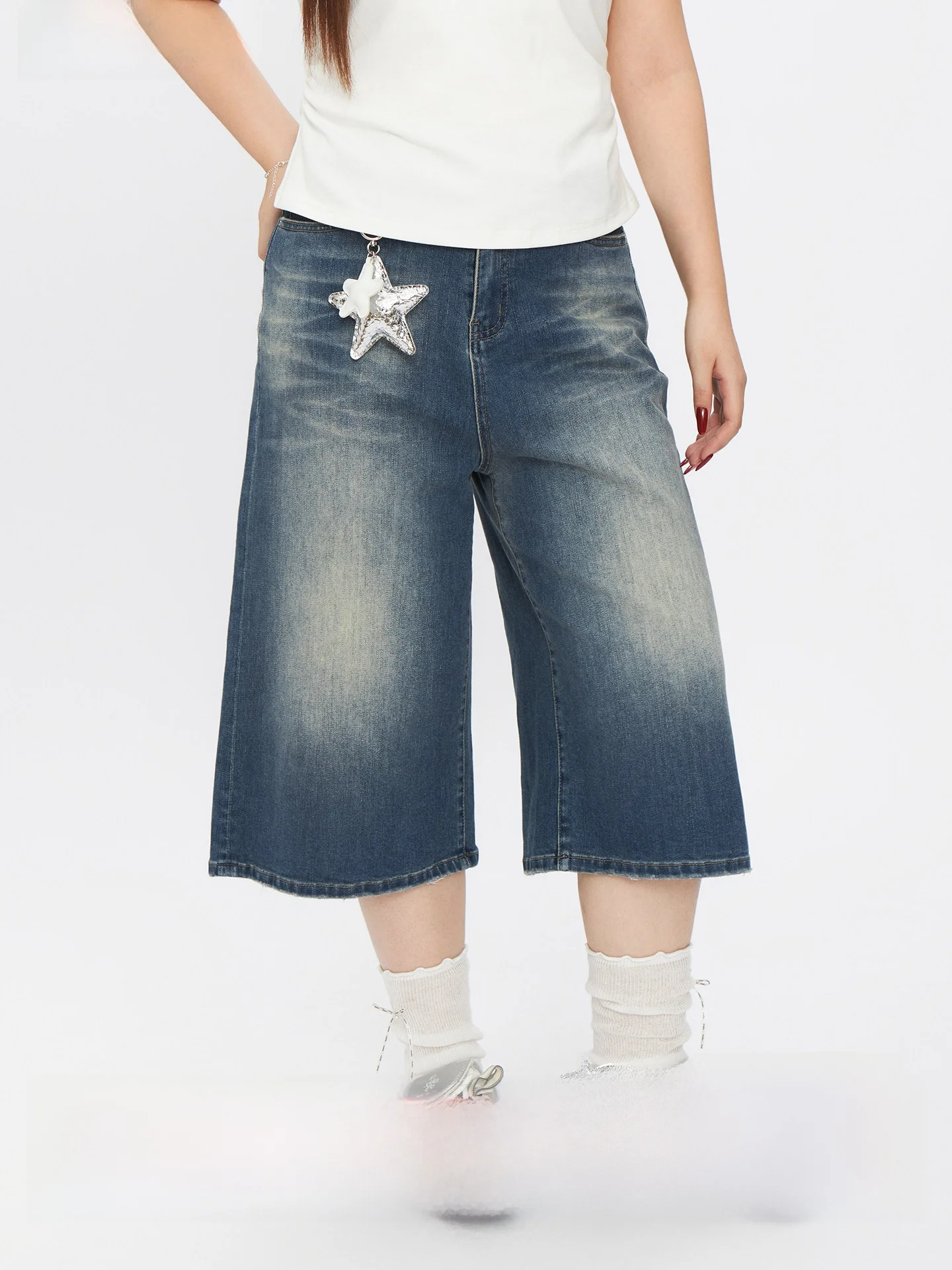 

Vintage Washed Denim Mid-Length Pants Loose Wide Leg Women's High Waist Jeans Friendly to Body Shape plus Size Slimming