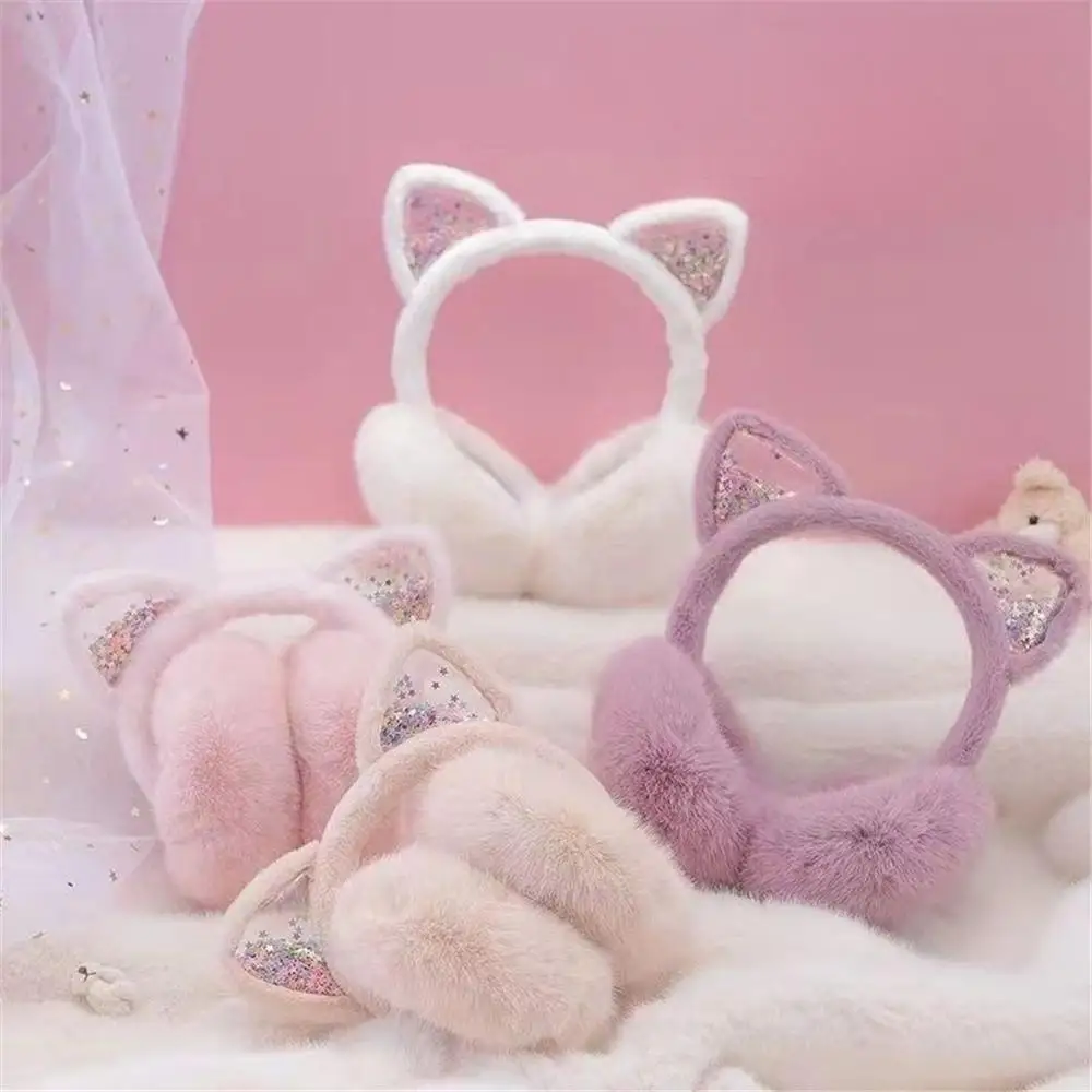 Outdoor Soft & Warm Animal Earmuffs Cat Ears Foldable Ear Warmers Furry Fleece Ear Covers for Kids Girls