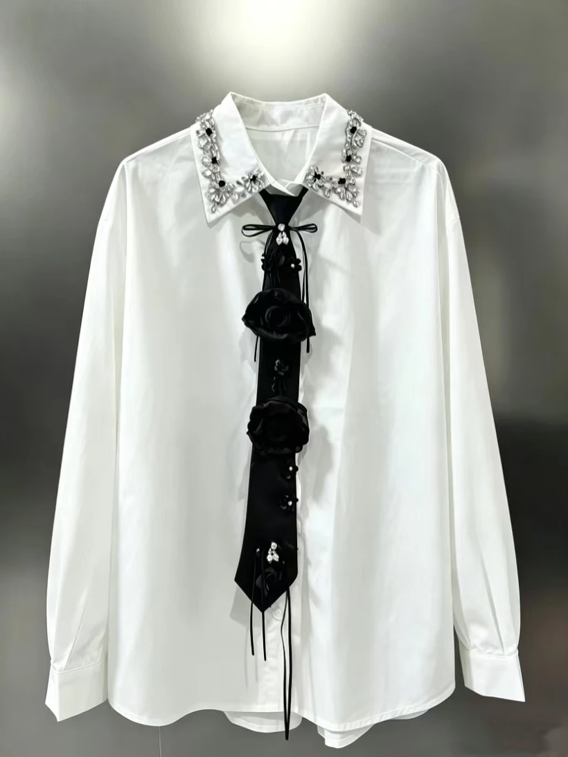 Unique Design Women's Autumn Sparkle Cotton Shirt With Diamonds Tie Ladies White Black Shirts Blouses Tops Woman Clothes