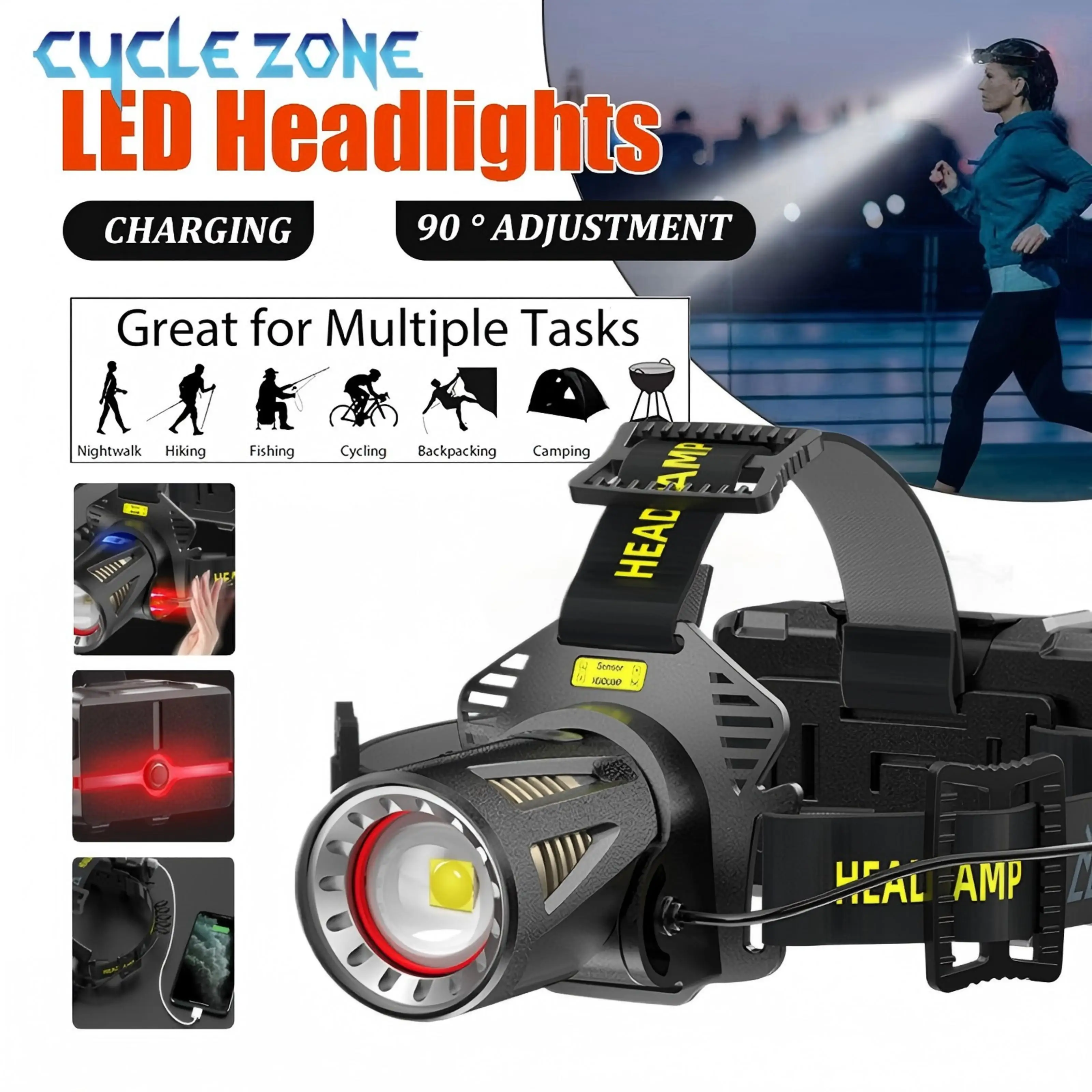 Powerful XHP360 Headlamp Zoomable Sensor Headlight Rechargeable Head Flashlight Torch Outdoor Camping Hiking Fishing Lantern