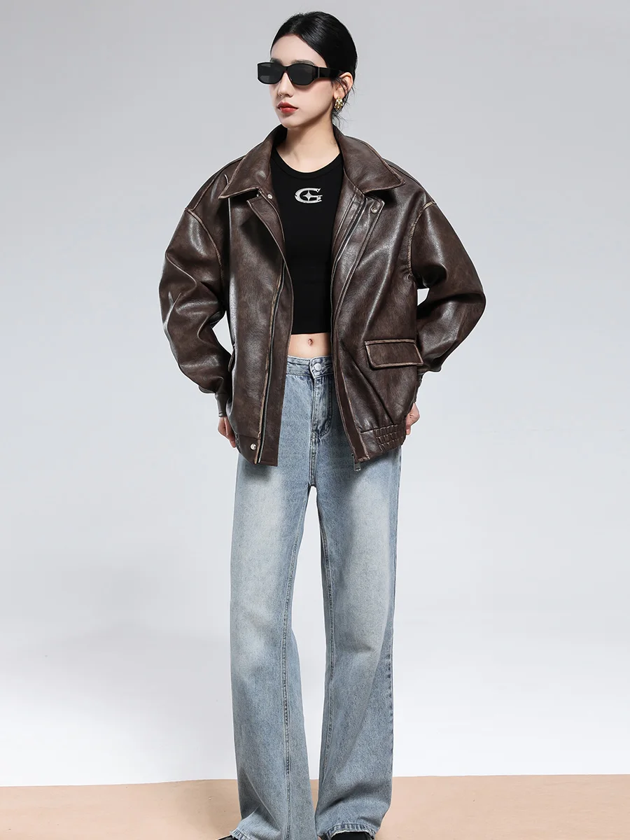 Kurtka męska Mauroicardi Spring Oversized Vintage Distressed Brown Pu Leather Jacket Men Zipper Luxury Designer American Retro Clothes 2025