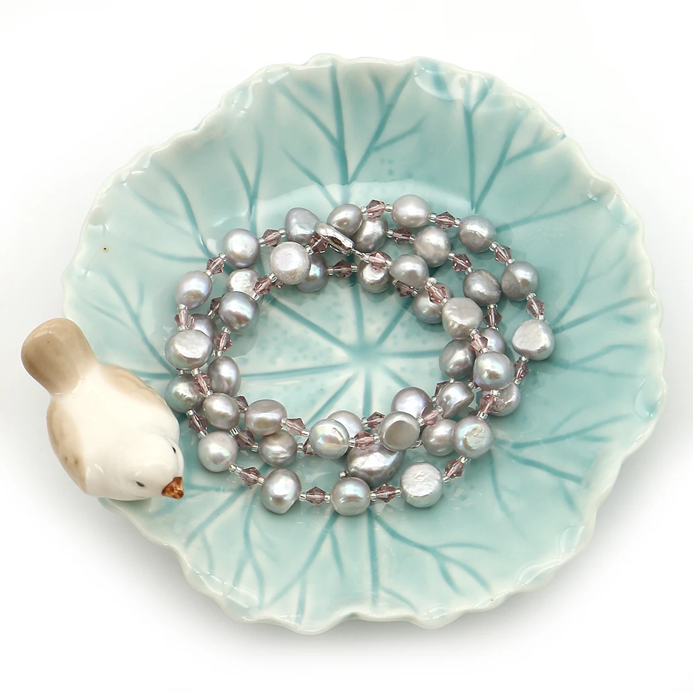 

horizontal hole double-sided Baroque pearl woven necklace with glass crystal intervals 62cm niche design collarbone chain Gift