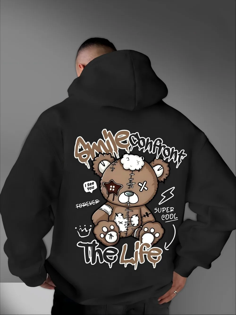 European and American Men's Autumn Letter Teddy Bear Patch Print micro Elastic Comfortable Hooded Sweatshirt Outdoor Street Top