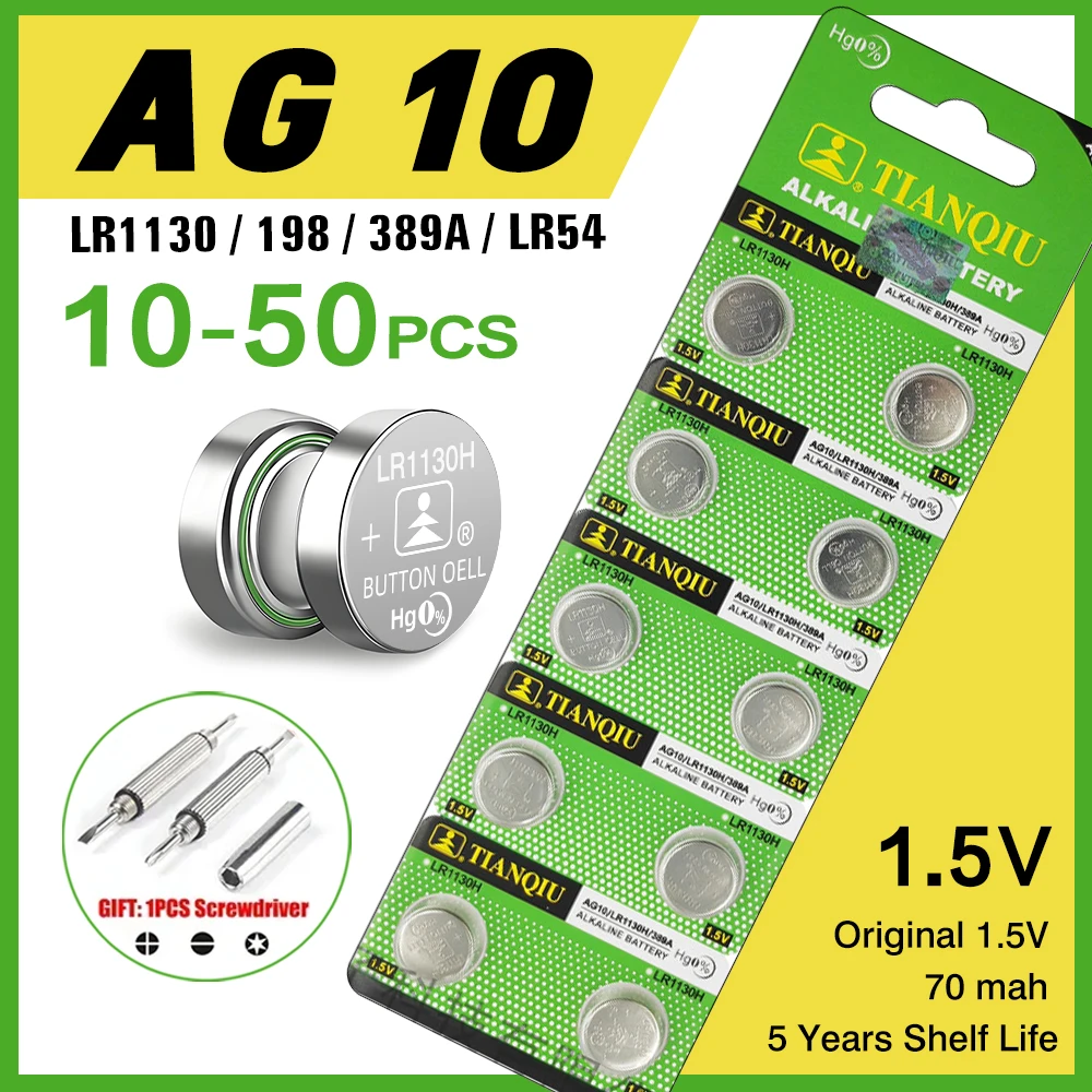 TIANQIU Button Battery AG10 LR1130 Batteries LR54 SR54 389 LR54 189 1.55V Coin Cell Applicable Watch Alarm Clock Calculator