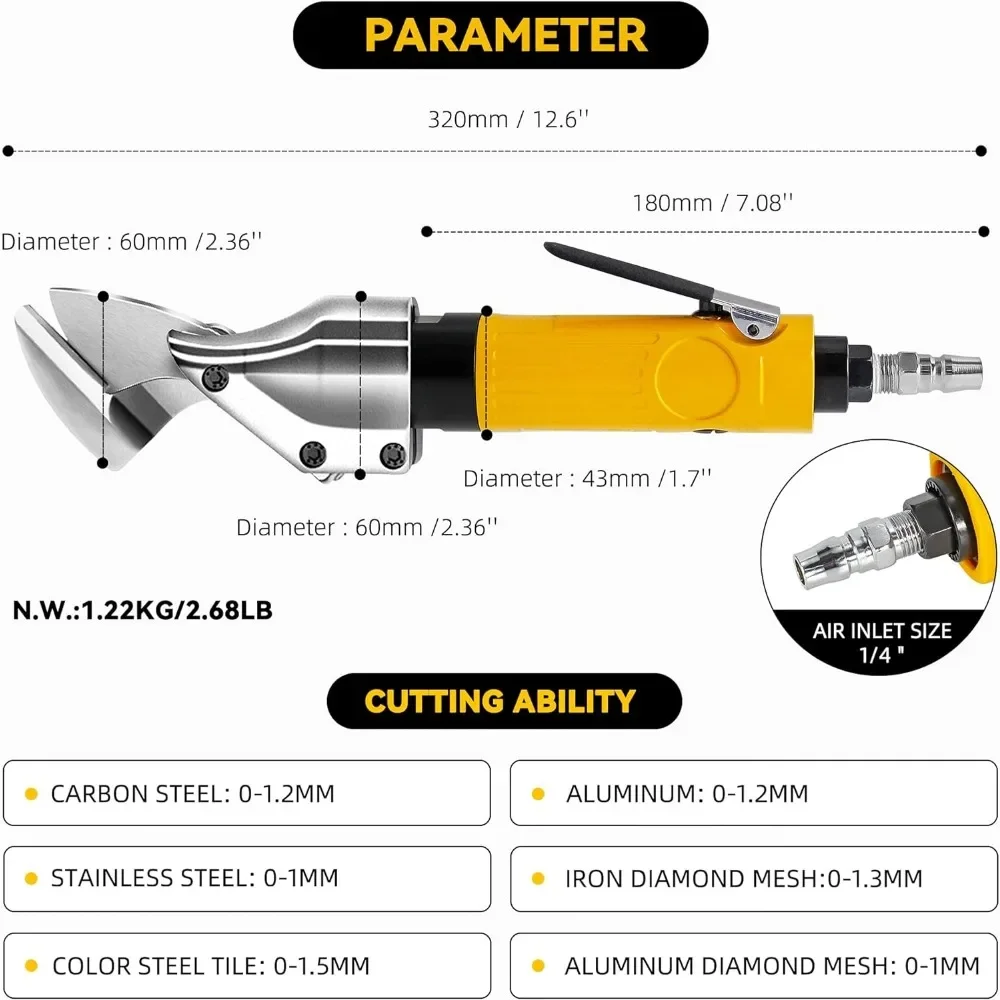 Pneumatic Scissors, Air Industrial Shears, Heavy Duty Metal Cutter Cutting Tool, for Metal Sheet Diamond Mesh Iron Stainless