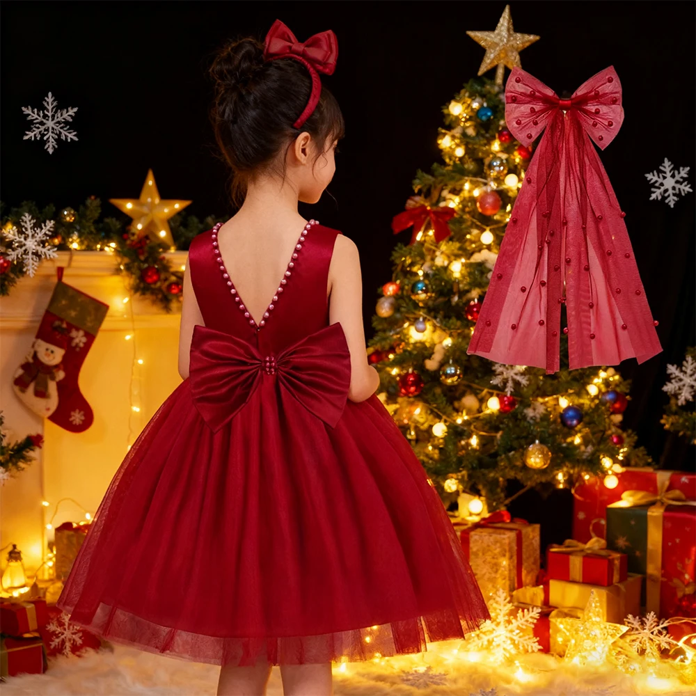 

Festive Dress For Girls Christmas Party Dress Girl Princess Dress Red Dress+2Headband Bowknot Wedding Dress Kids Birthday Dress