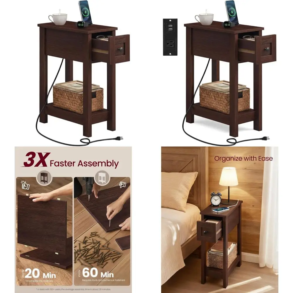 

Saddle Brown Storage Drawer End Table, Charging Station Nightstand, Easy Assembly for Living Room, Bedroom